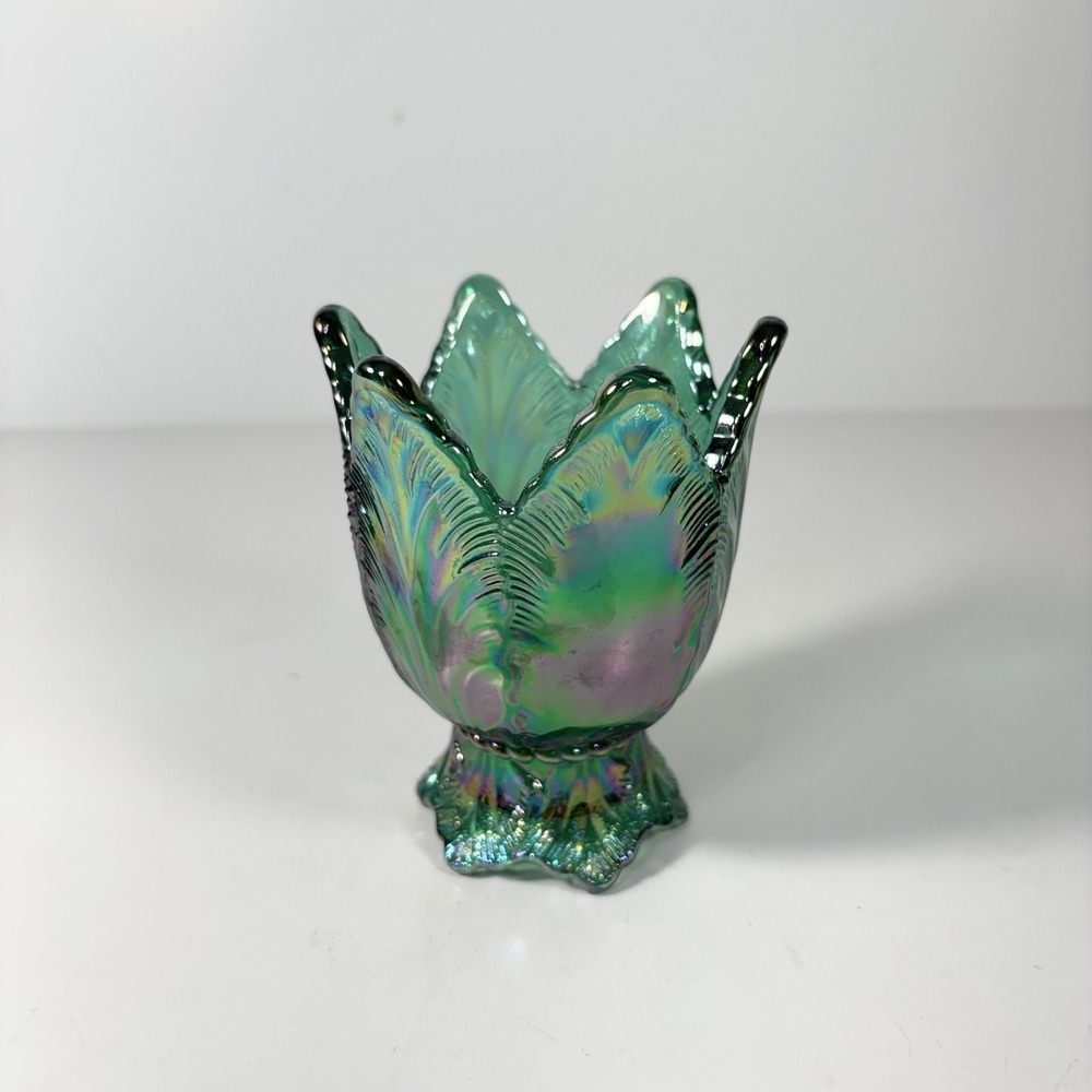 Vintage Fenton Iridescent Green Tulip Reversible Candle Holder - USA Made